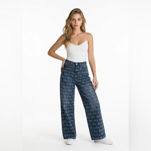 PLAYBOY Navy Blue Logo-Print Wide Leg Jeans